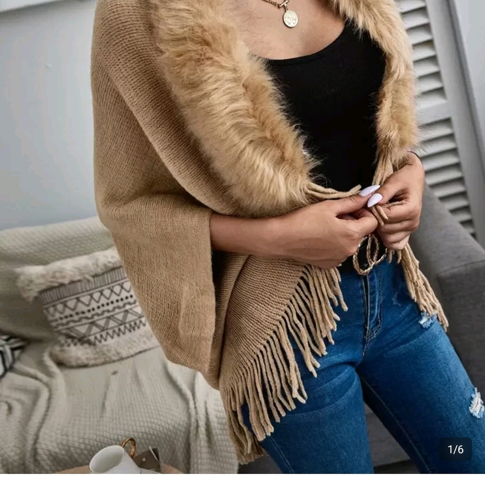 Tan Sweater with Faux Fur and Fringe